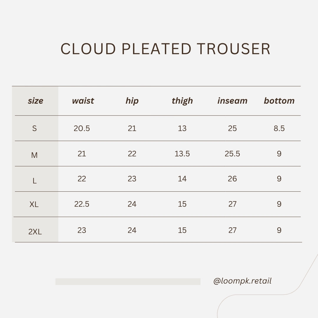 Cloud Beige pleated trouser Size Chart