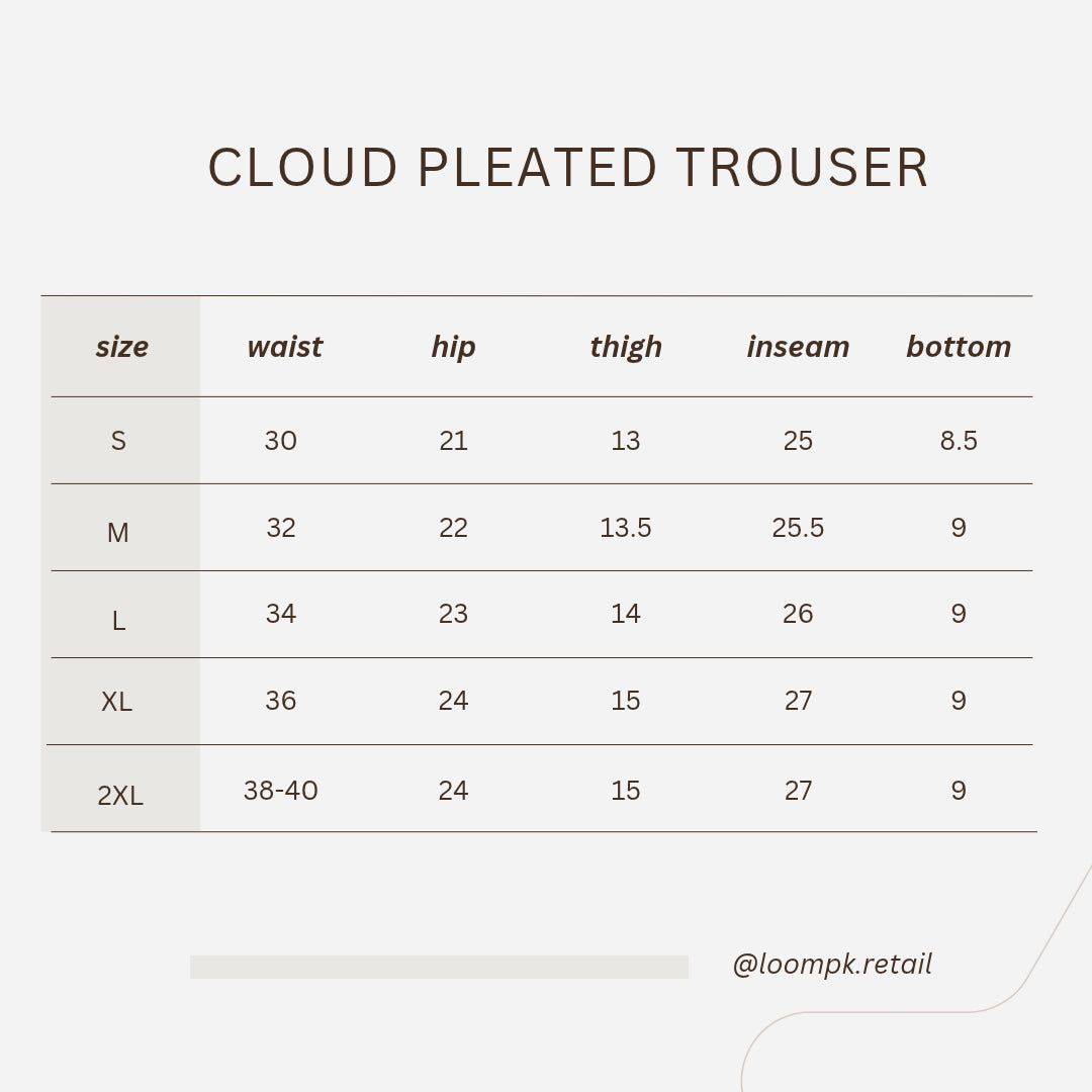Cloud Black pleated trouser Size Chart